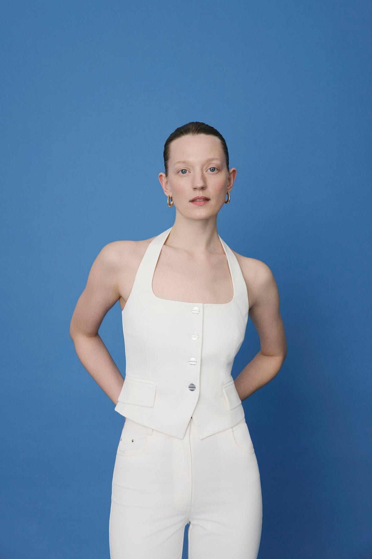 Ecru Back Cut-out Denim Textured Crop  Bustier