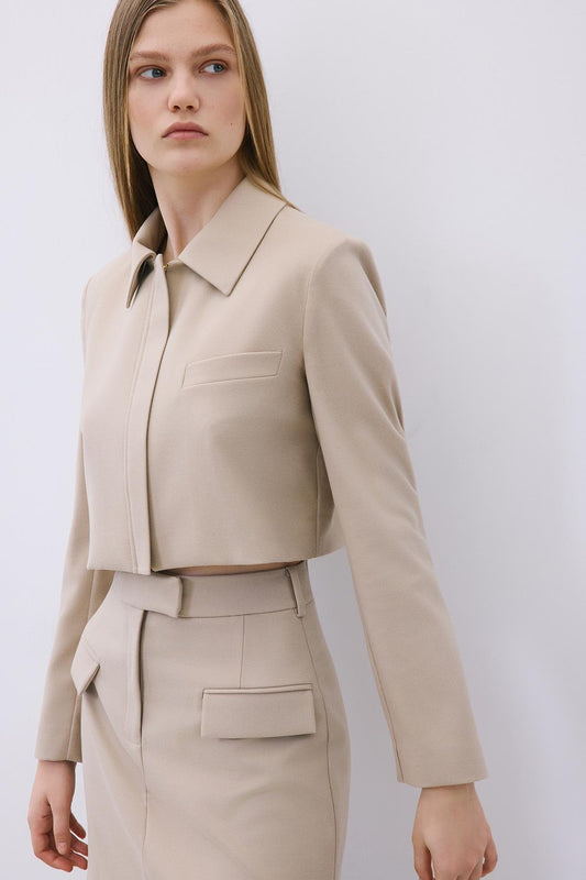 Beige Belted Mini Skirt with Zipper