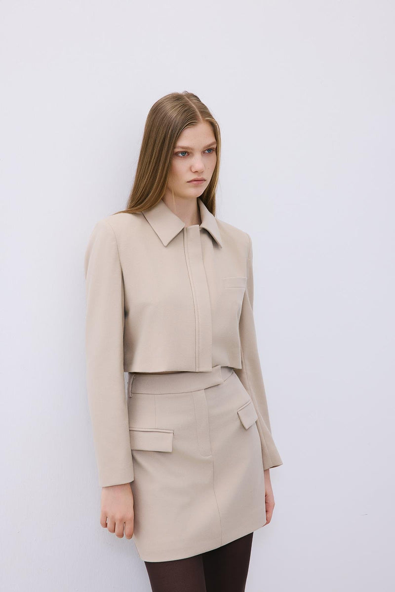 Beige Belted Mini Skirt with Zipper