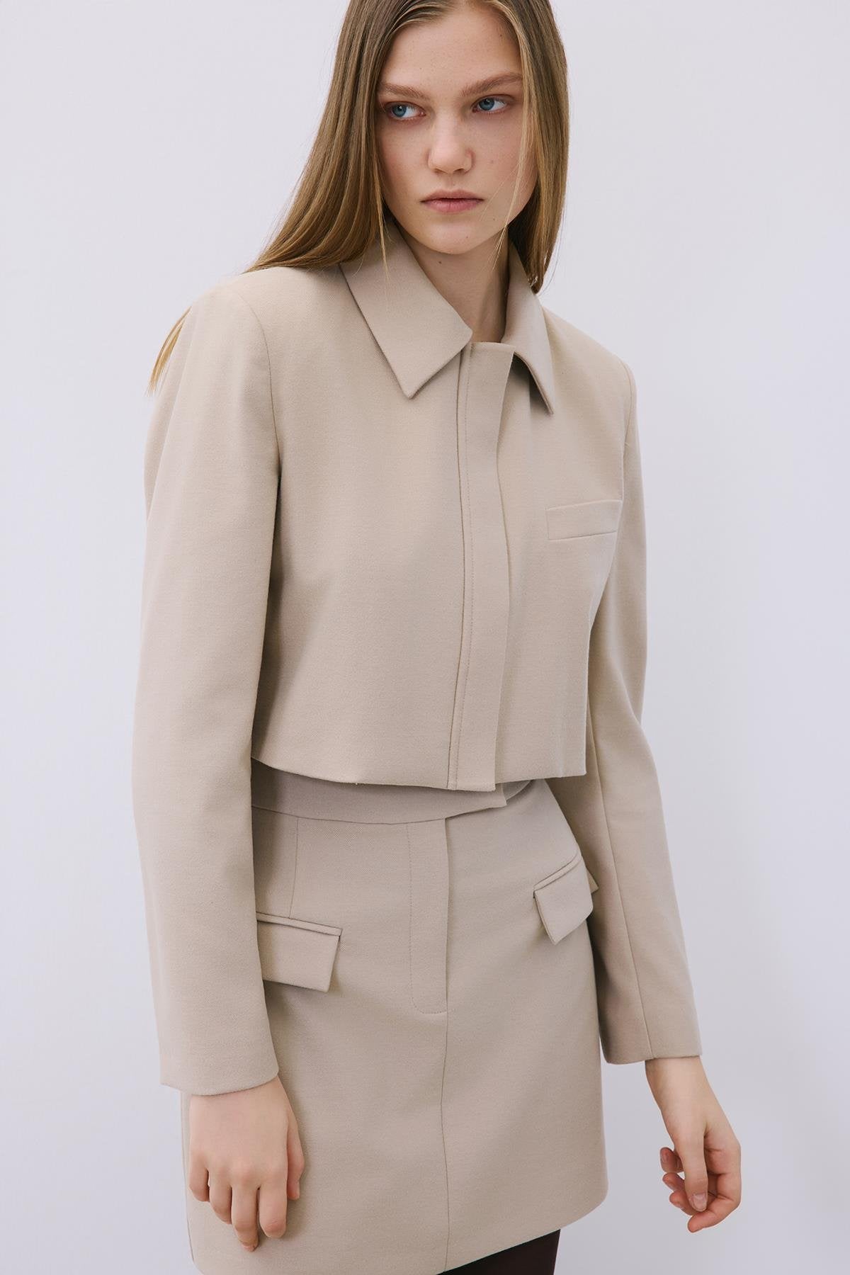 Beige Belted Mini Skirt with Zipper