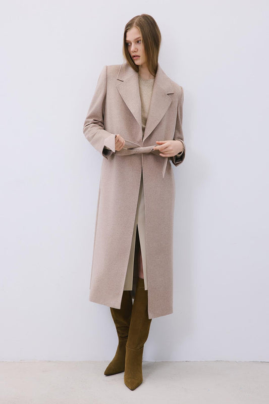 Beige Cashmere Midi Coat with Stitch Details