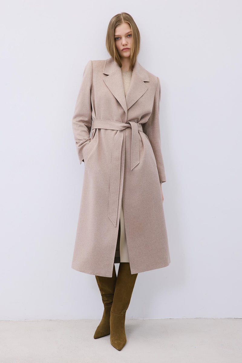 Beige Cashmere Midi Coat with Stitch Details