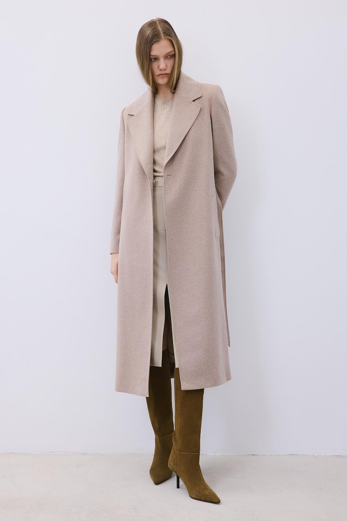 Beige Cashmere Midi Coat with Stitch Details