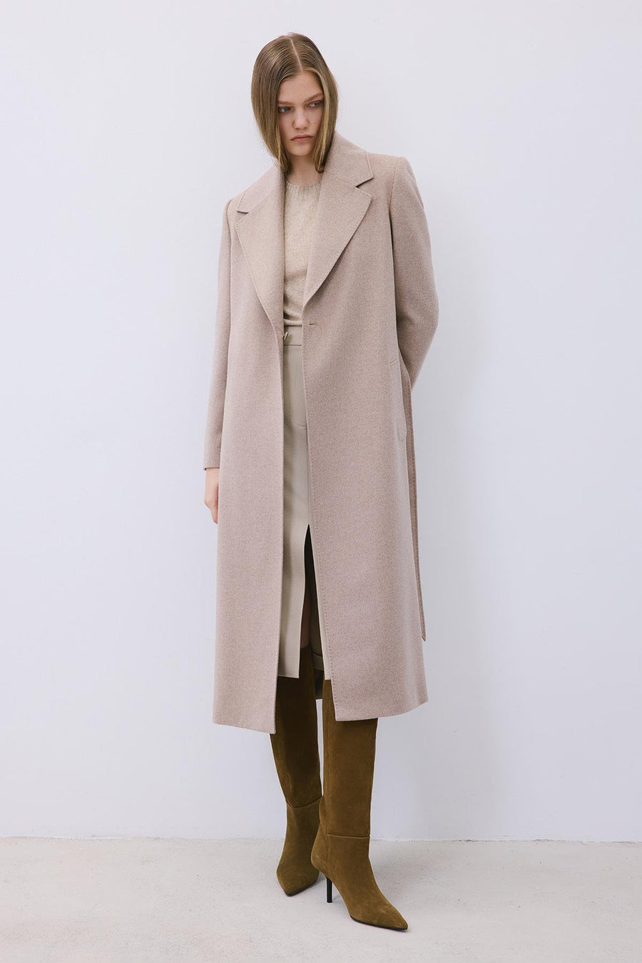 Beige Cashmere Midi Coat with Stitch Details