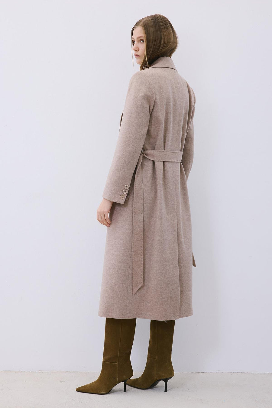 Beige Cashmere Midi Coat with Stitch Details