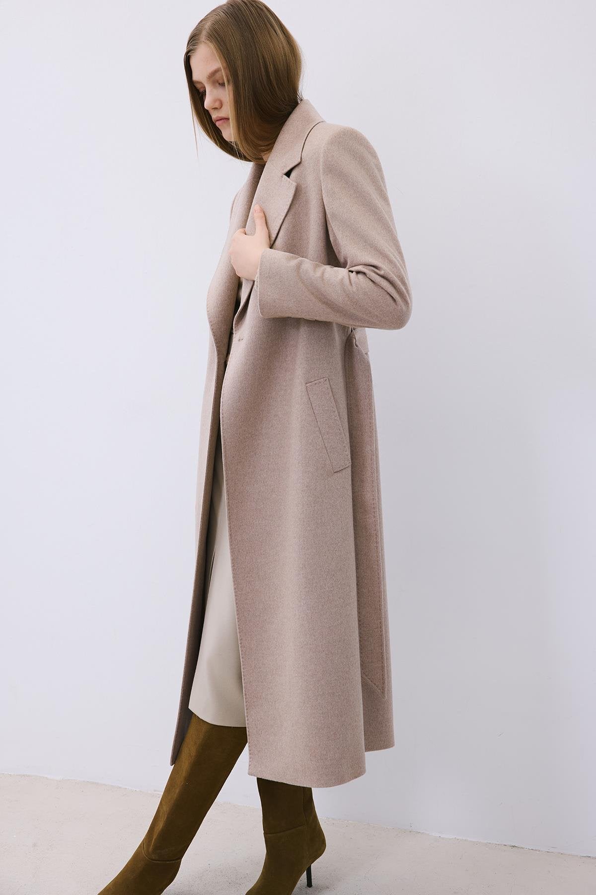 Beige Cashmere Midi Coat with Stitch Details