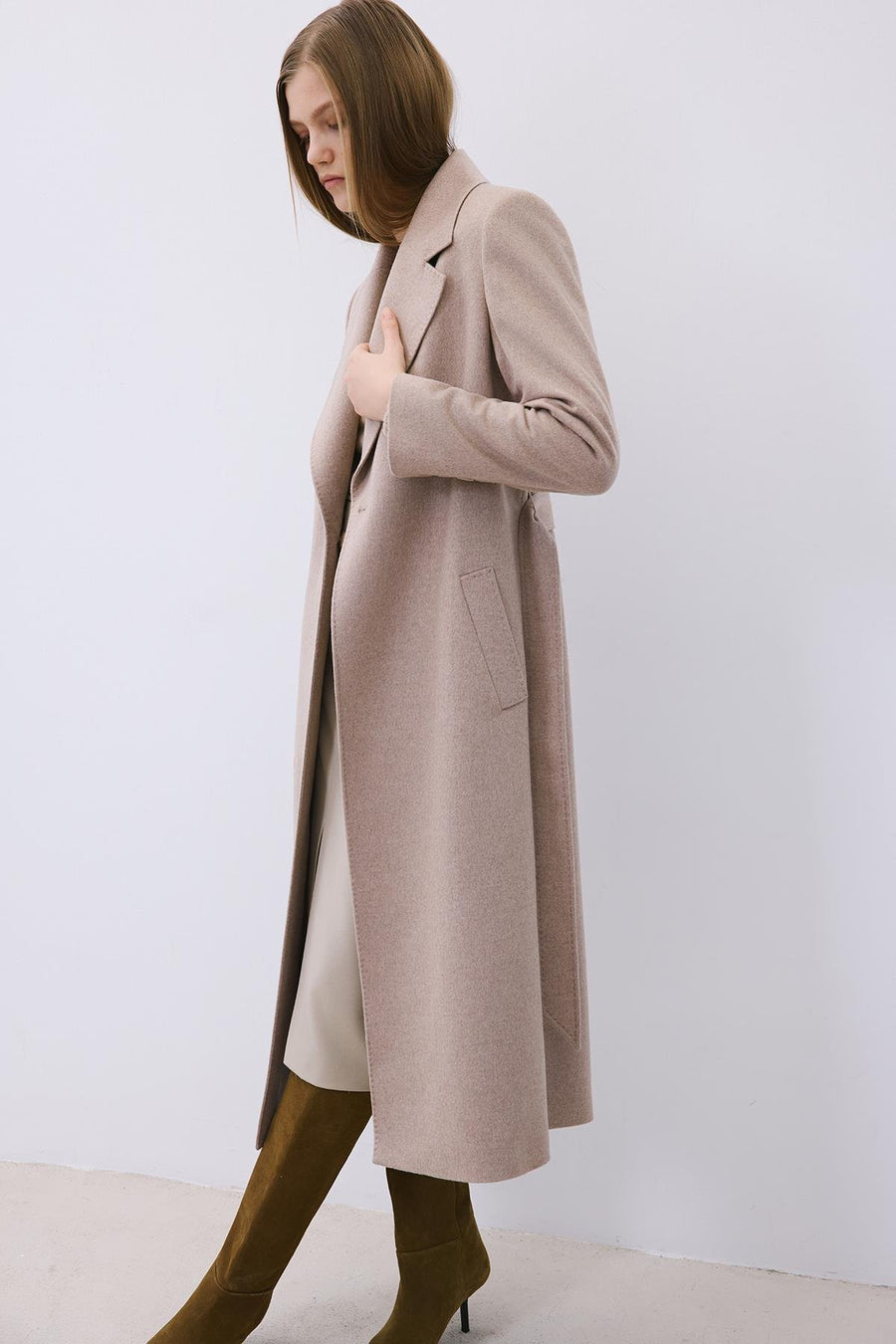 Beige Cashmere Midi Coat with Stitch Details