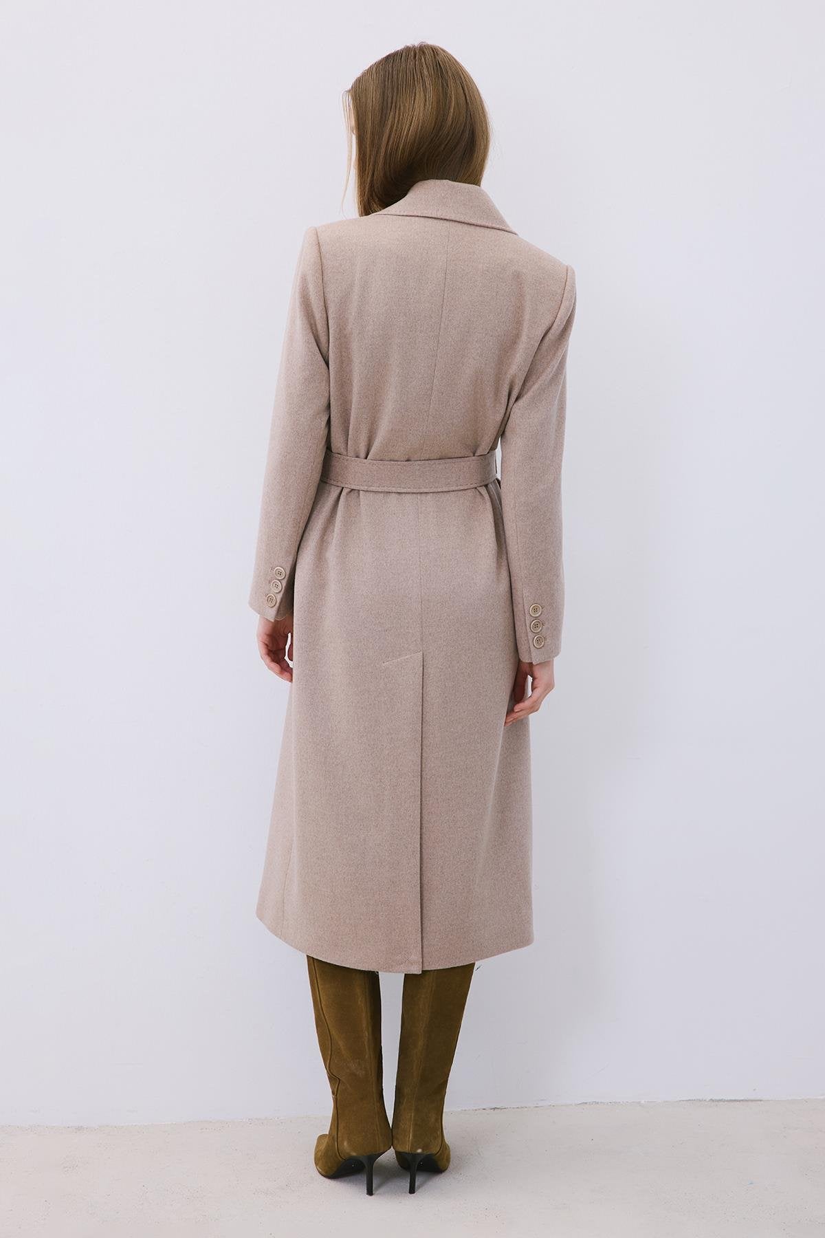 Beige Cashmere Midi Coat with Stitch Details