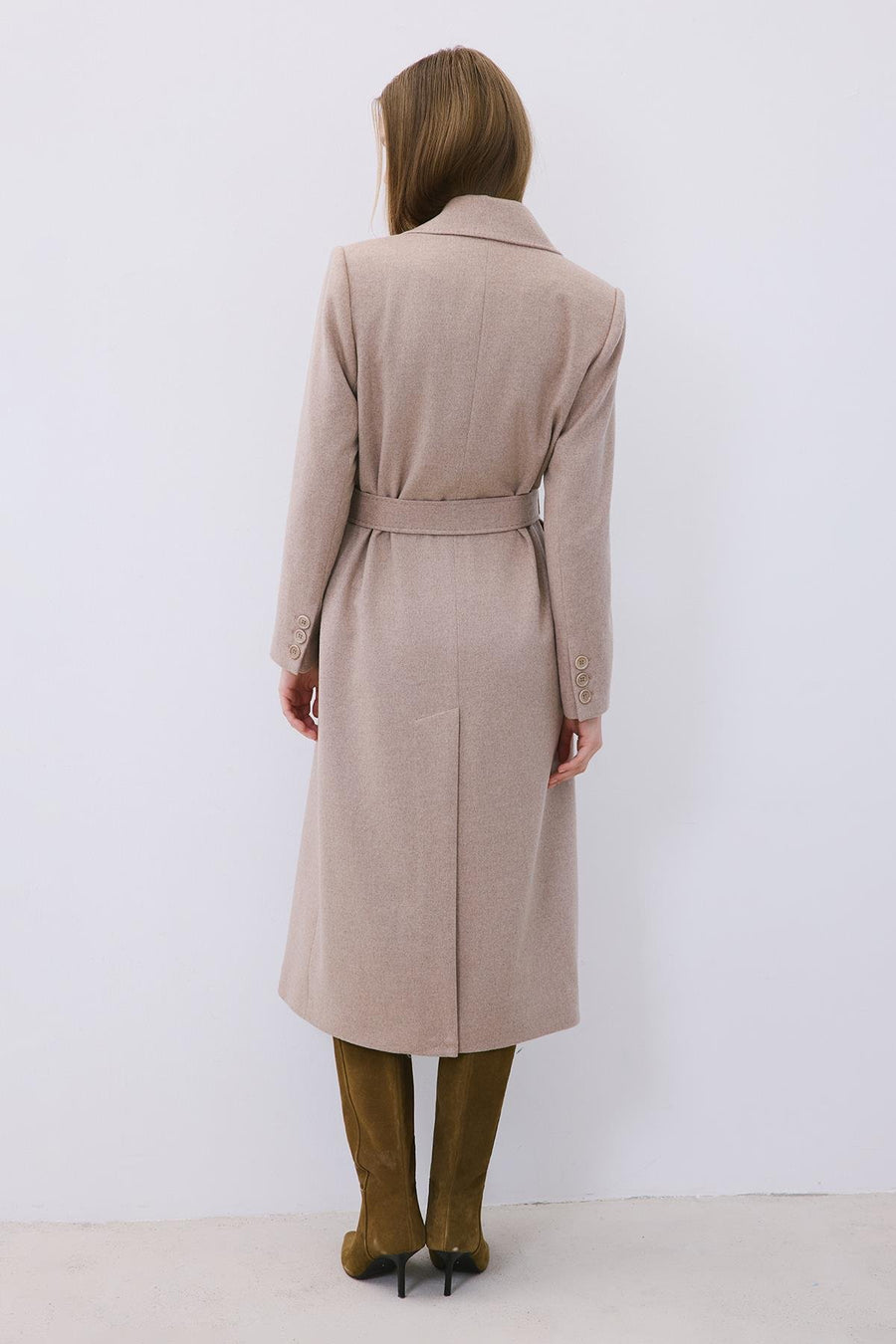 Beige Cashmere Midi Coat with Stitch Details