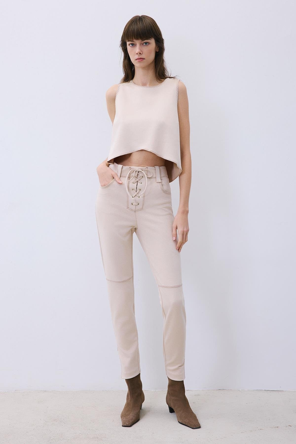 Suede Crop Blouse with Contrast Stitch