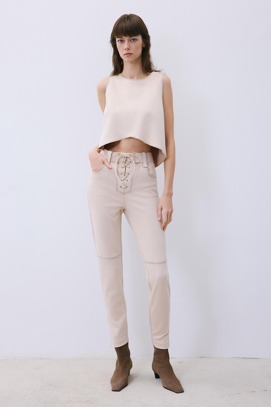 Suede Crop Blouse with Contrast Stitch