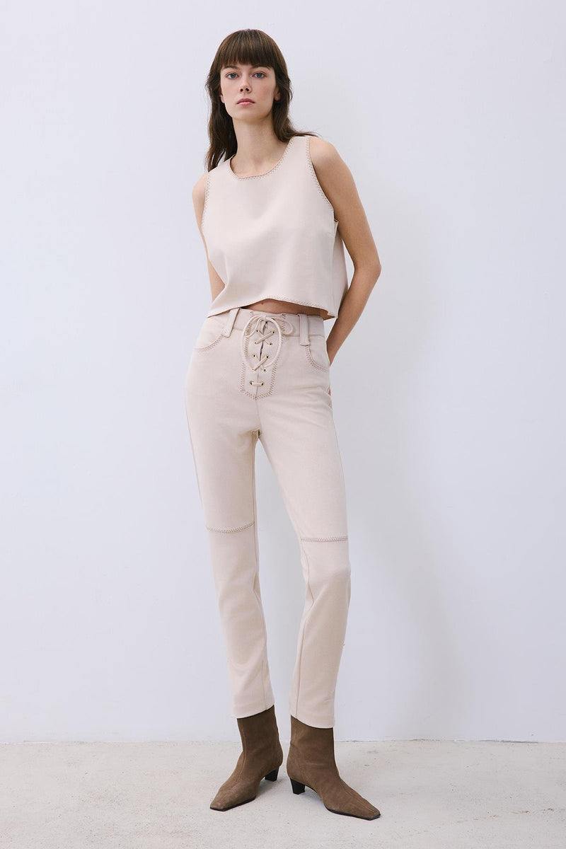 Suede Crop Blouse with Contrast Stitch