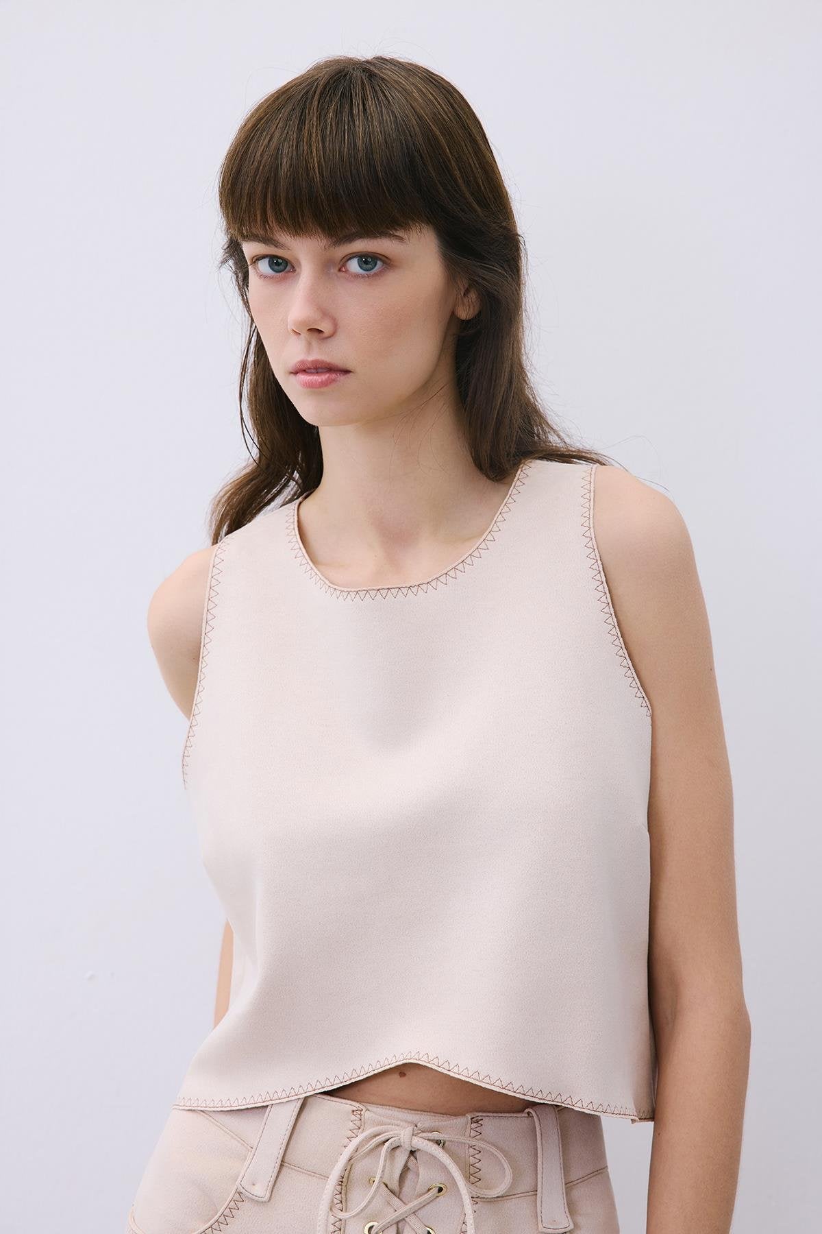 Suede Crop Blouse with Contrast Stitch