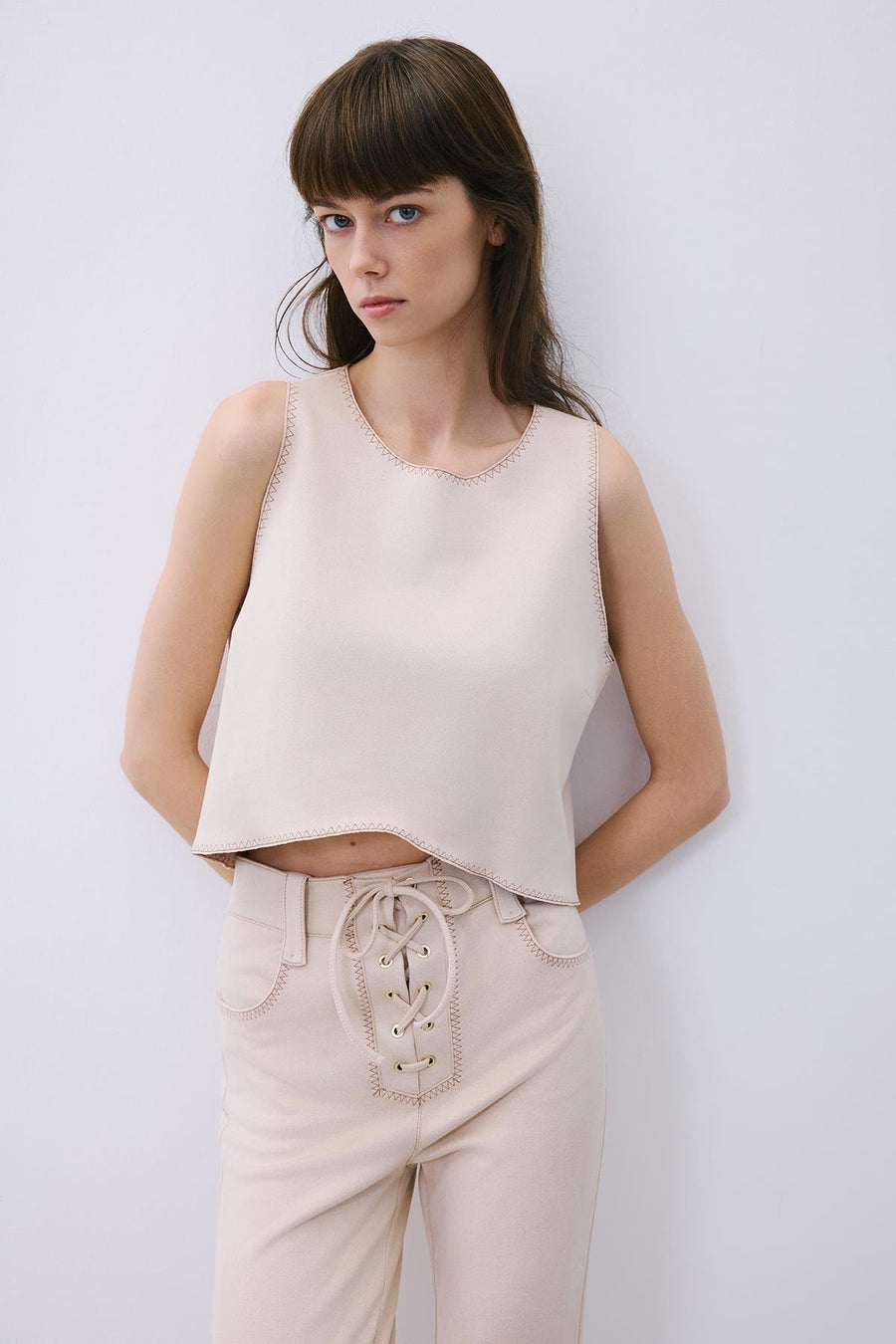 Suede Crop Blouse with Contrast Stitch