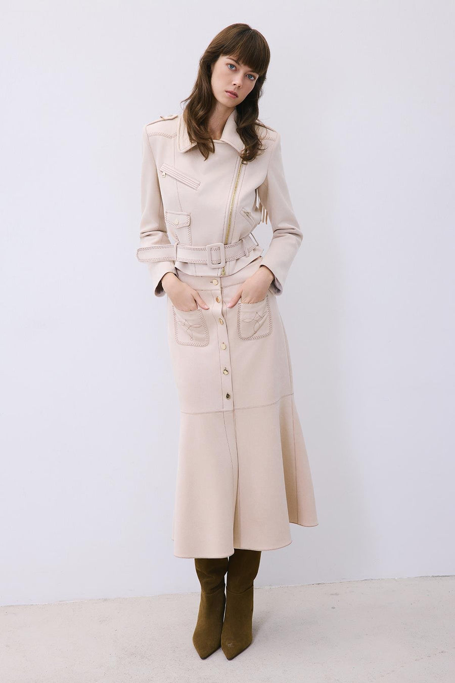 Suede Midi Skirt with Gold Detail