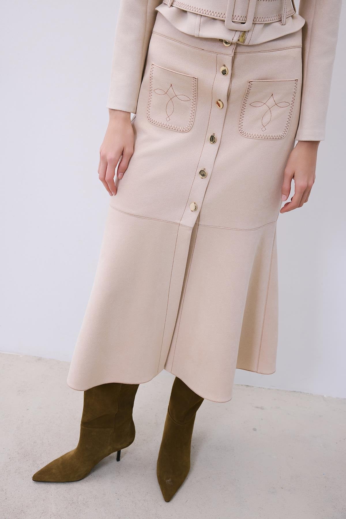 Suede Midi Skirt with Gold Detail