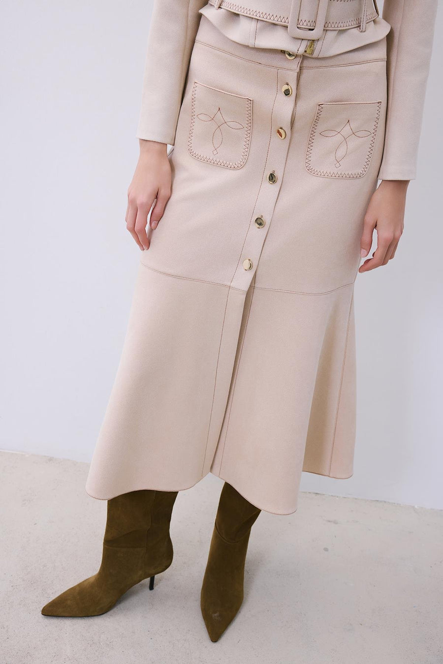 Suede Midi Skirt with Gold Detail