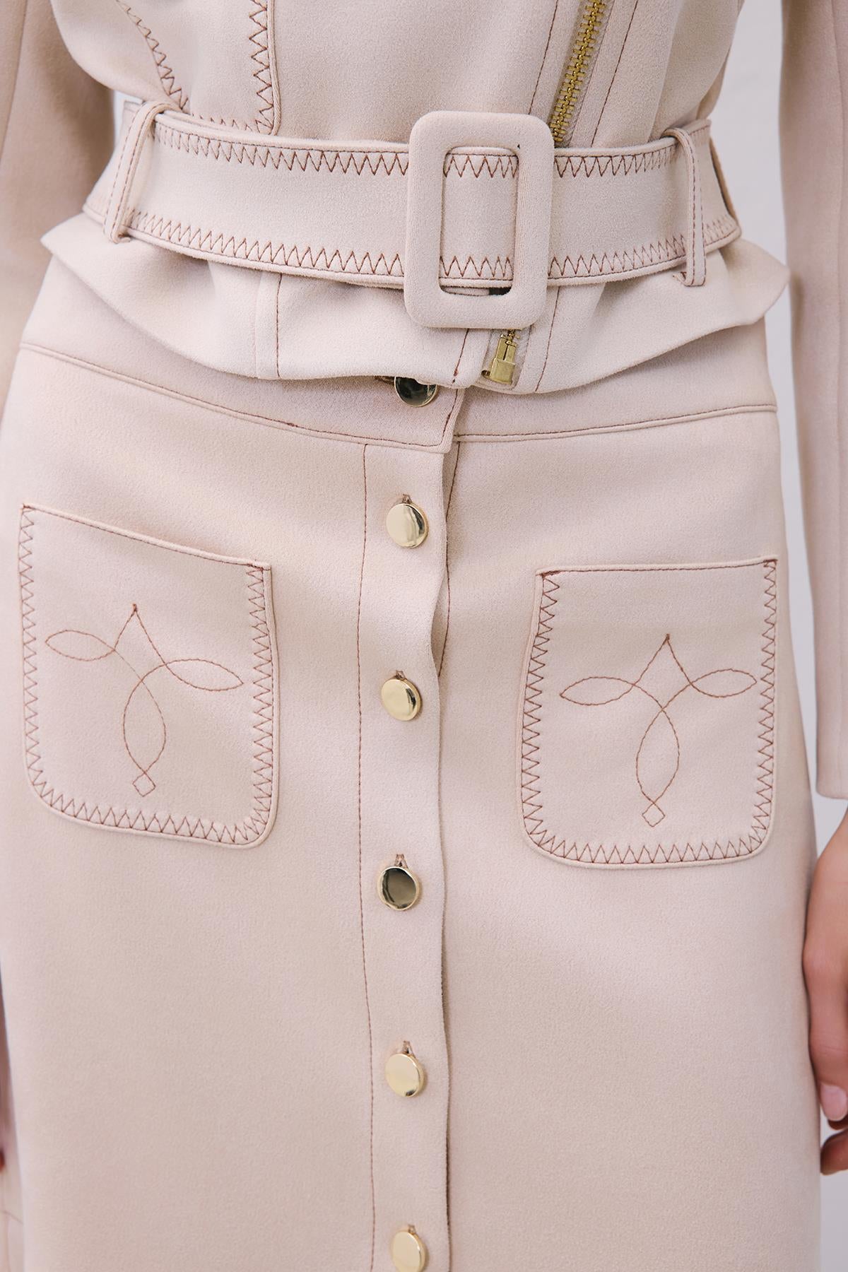 Suede Midi Skirt with Gold Detail