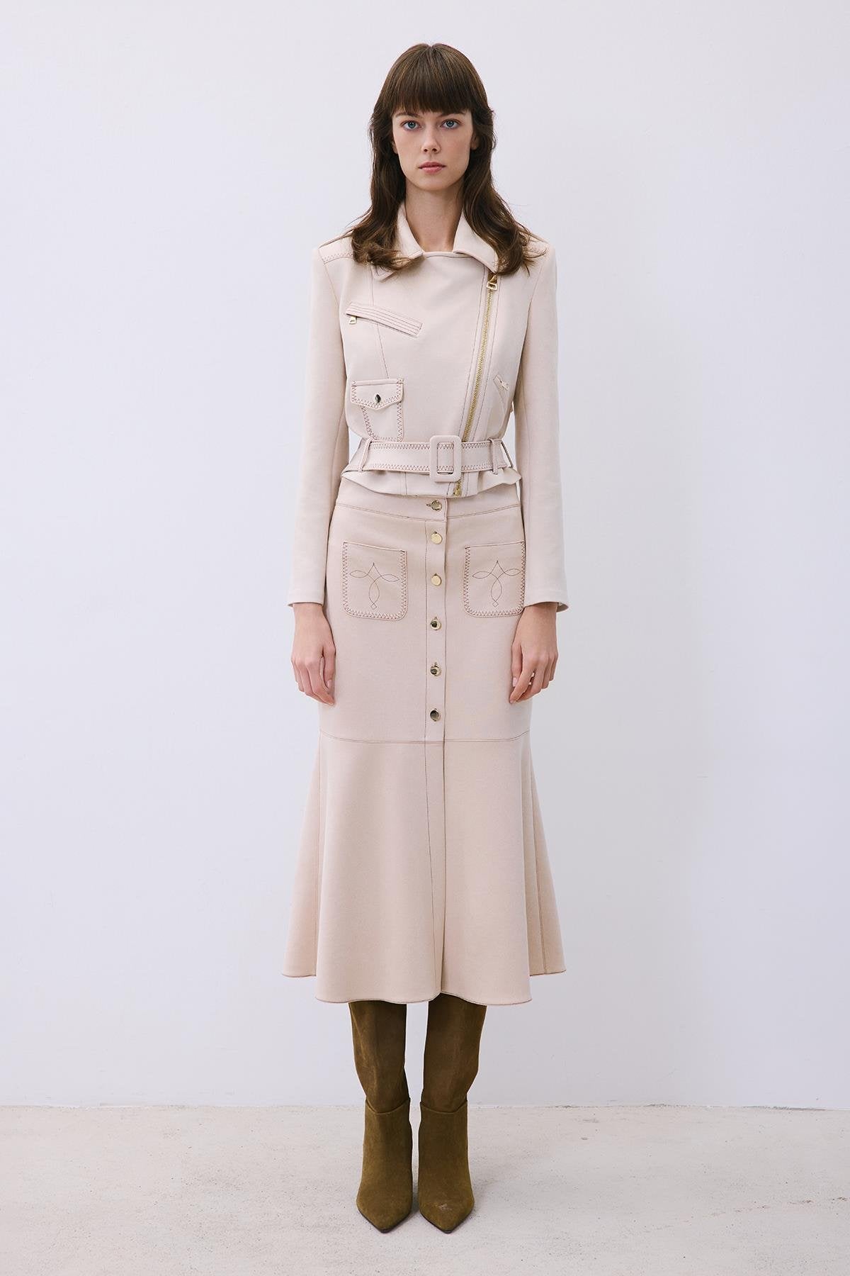 Suede Midi Skirt with Gold Detail