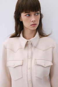 Beige Suede Shirt With Contrast Stitch