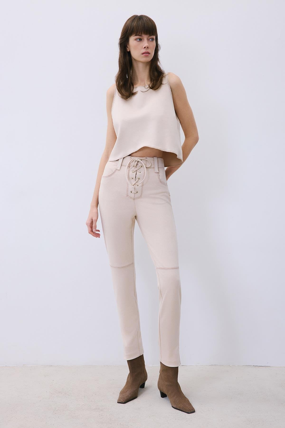 Suede Slim Fit Pants with Stitch Details