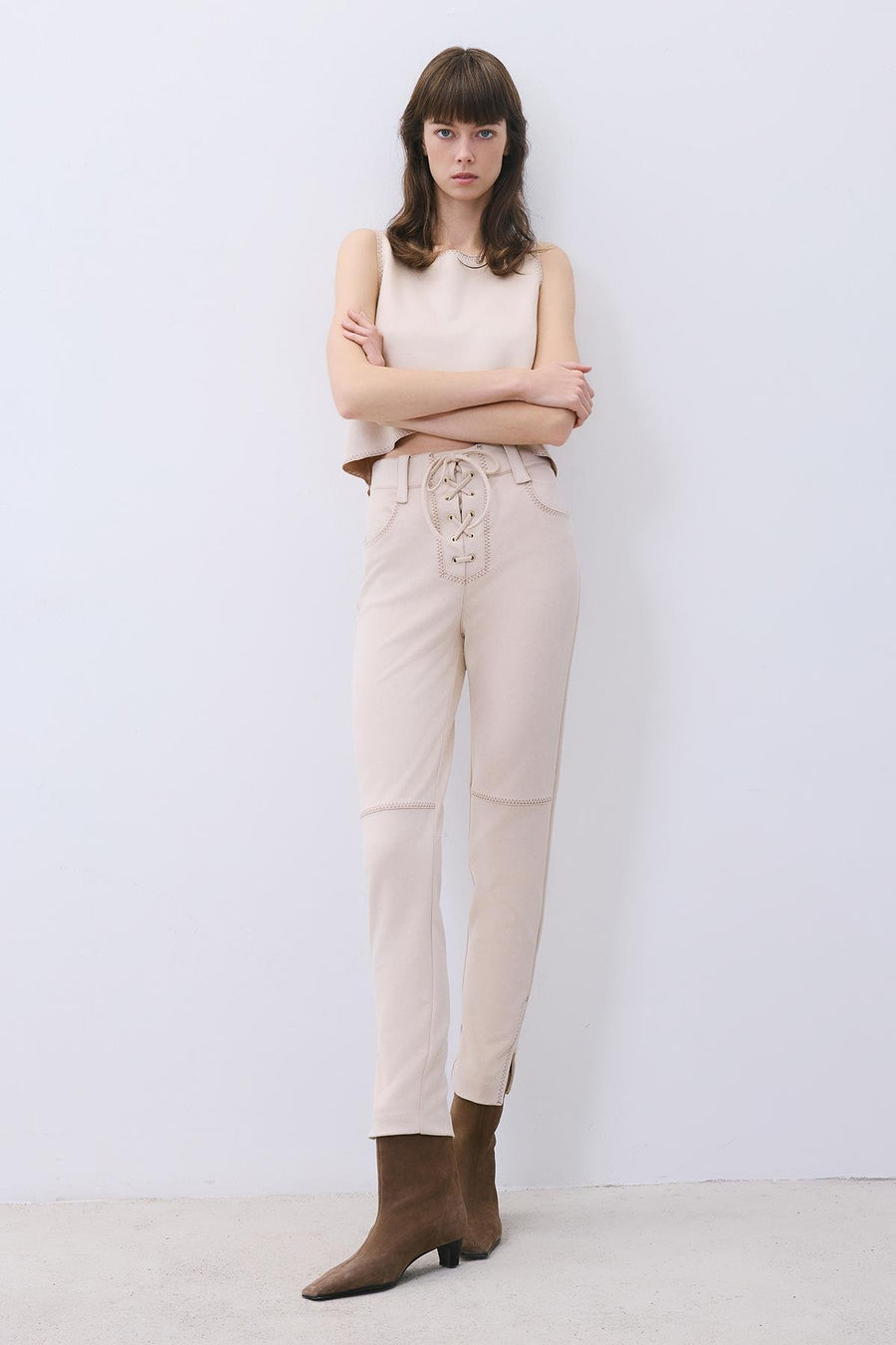Suede Slim Fit Pants with Stitch Details