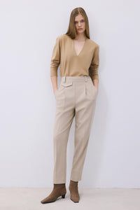 Beige Wool-blend Pleated High Waist Pants