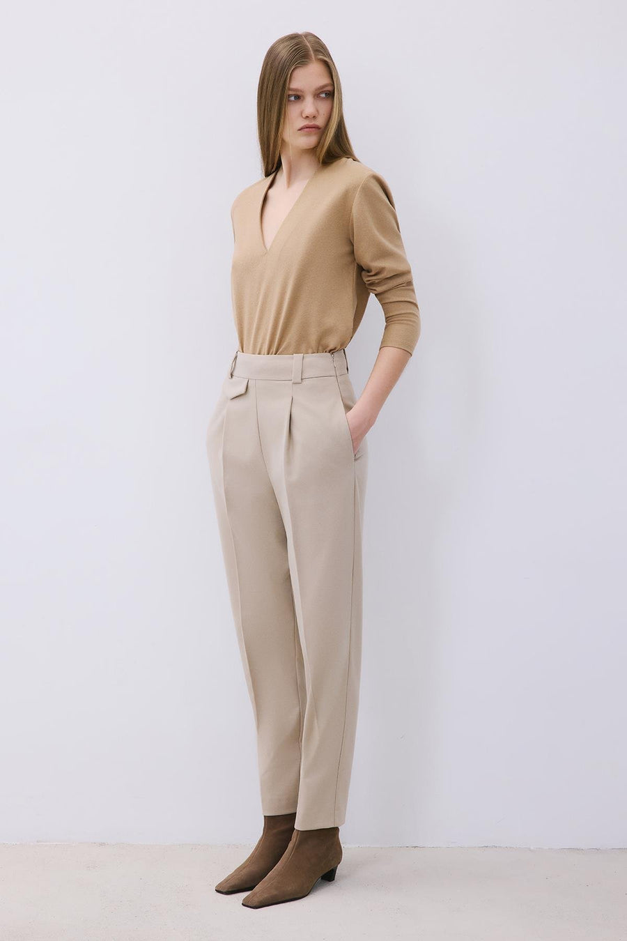 Wool-Blend Pleated High Waist Pants