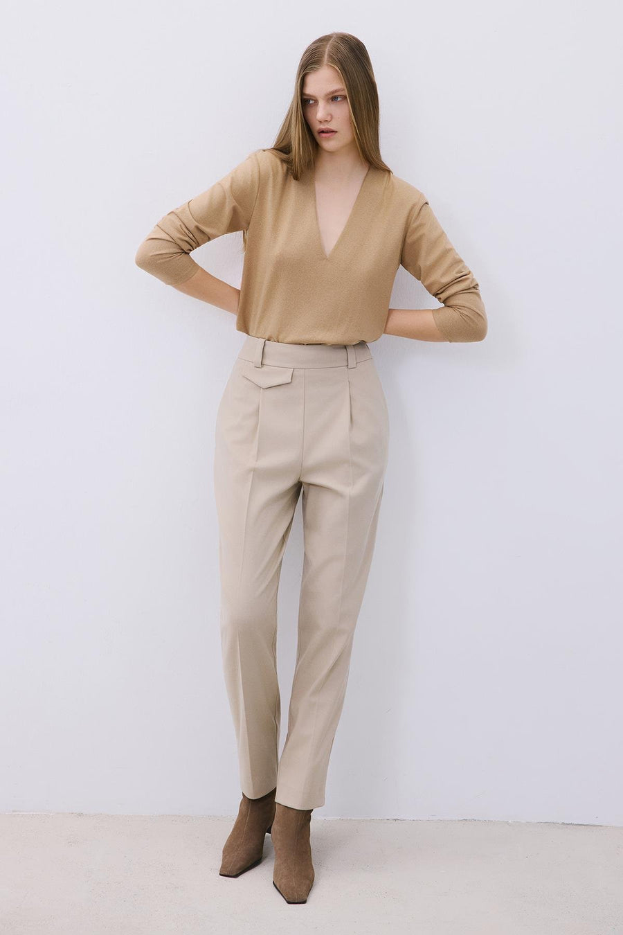 Wool-Blend Pleated High Waist Pants