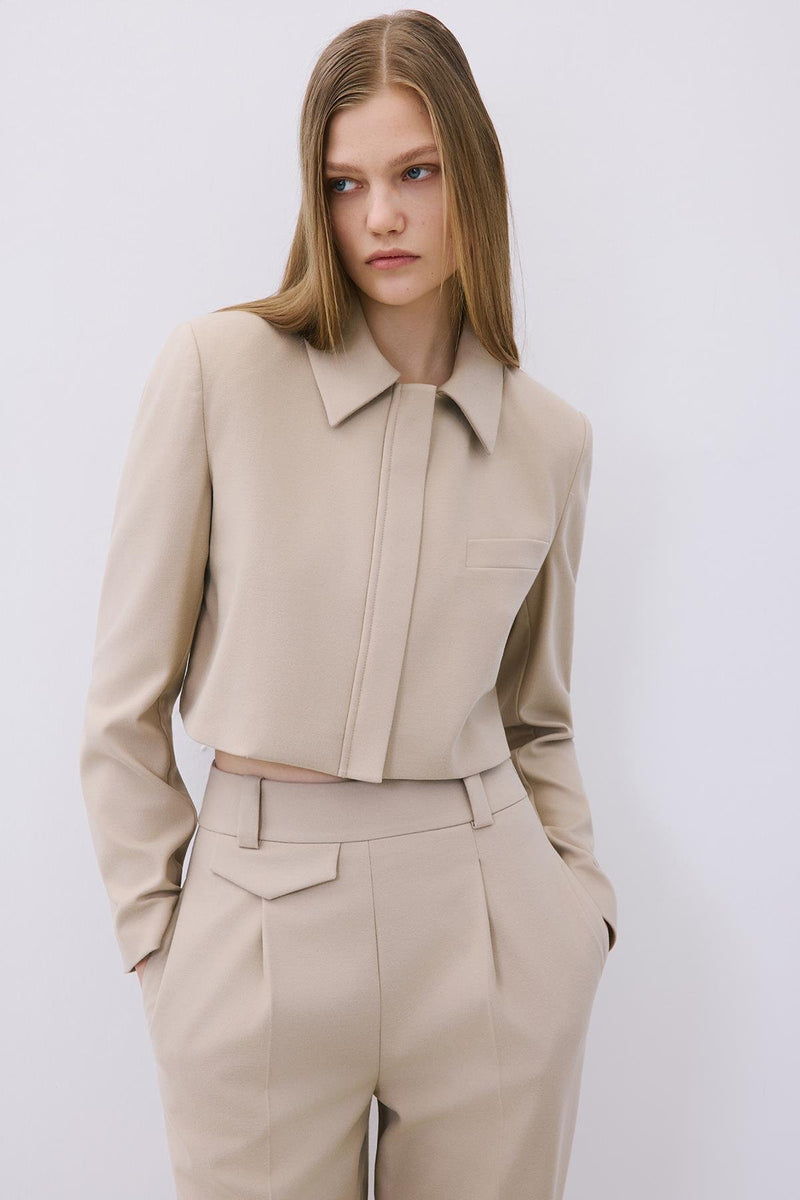Beige Wool-Blend Zip-Up Crop Jacket