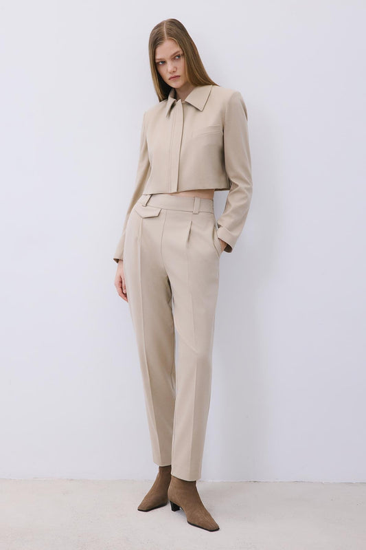 Beige Wool-Blend Zip-Up Crop Jacket