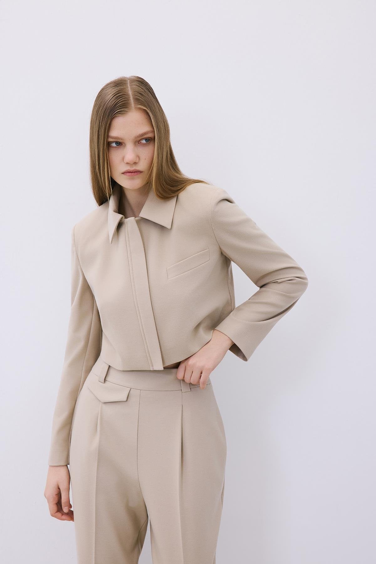 Beige Wool-Blend Zip-Up Crop Jacket