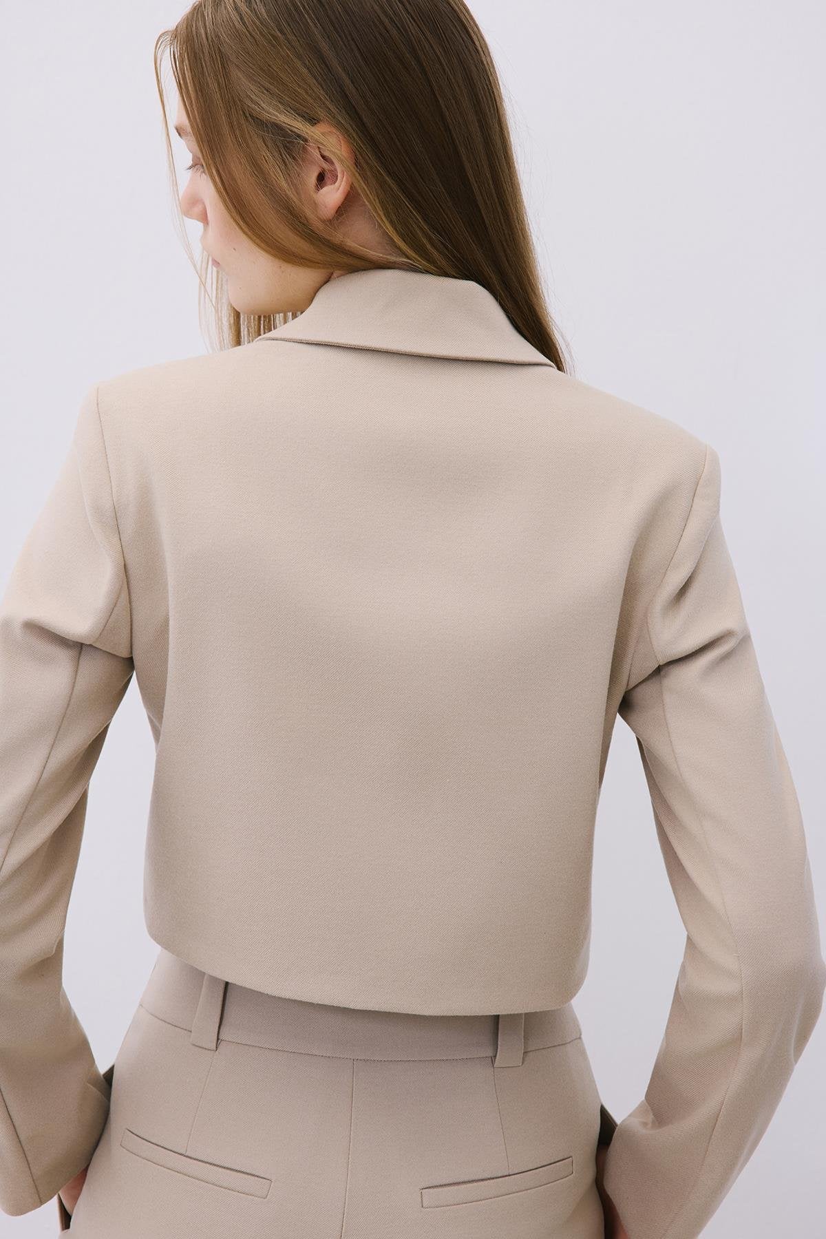 Beige Wool-Blend Zip-Up Crop Jacket