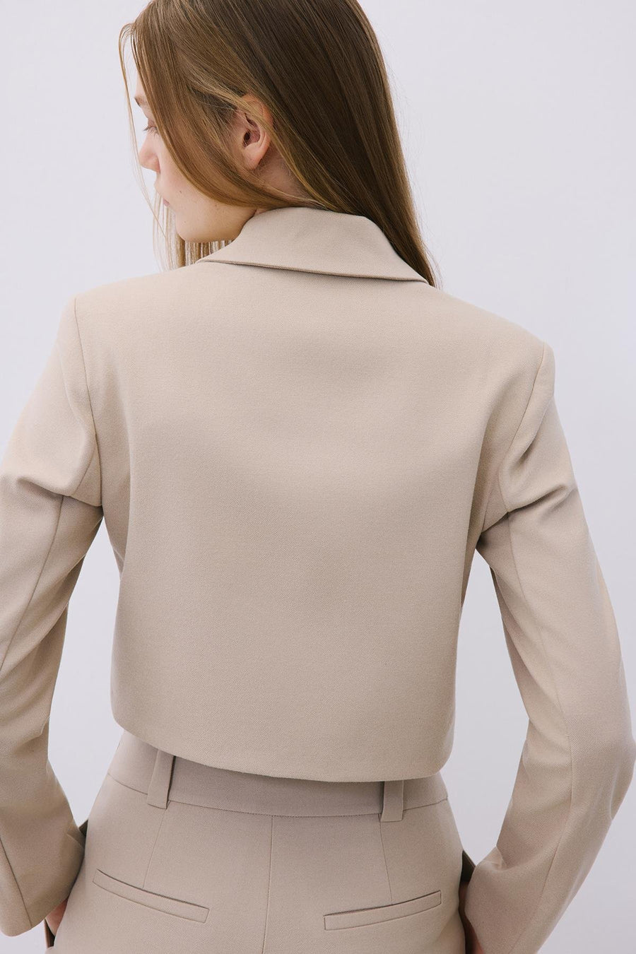 Beige Wool-Blend Zip-Up Crop Jacket