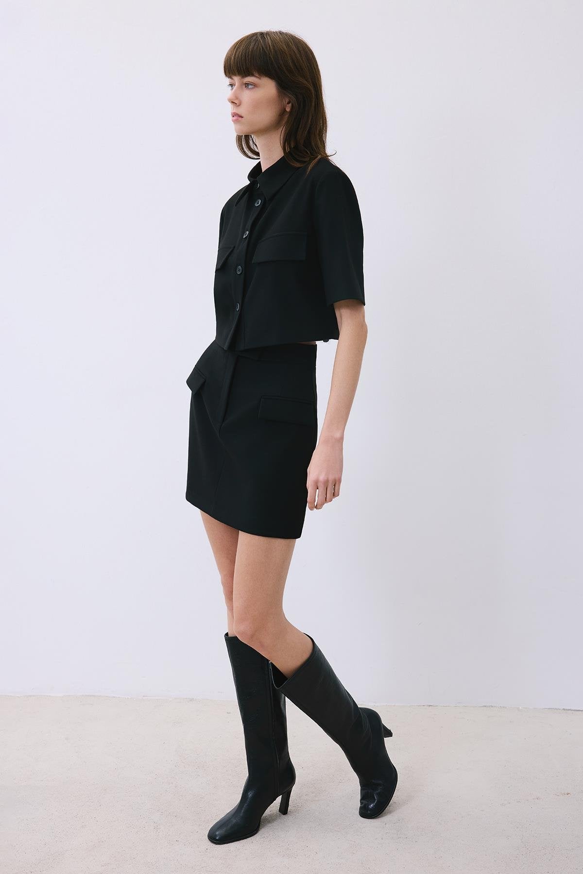 Beige Belted Mini Skirt with Zipper