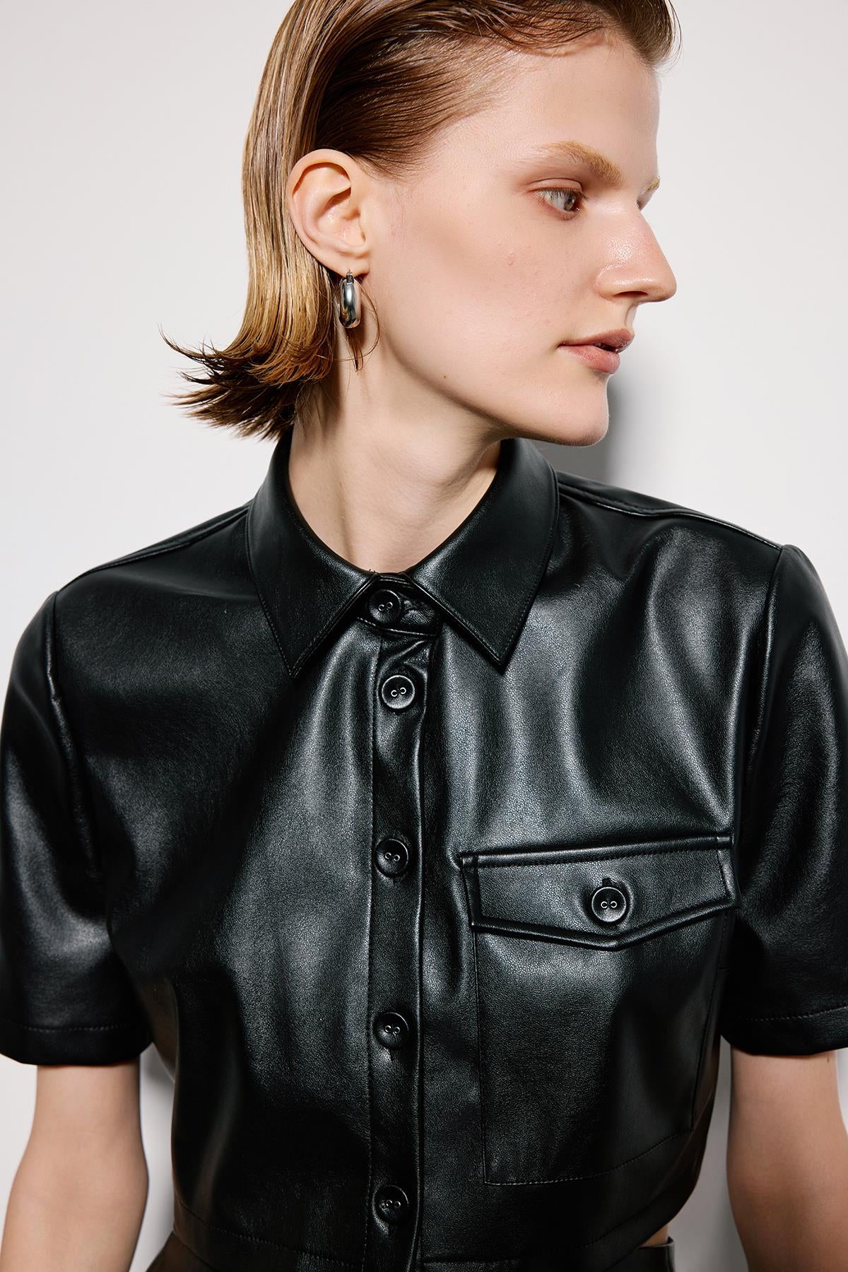 Leather Crop Shirt With Single Pocket