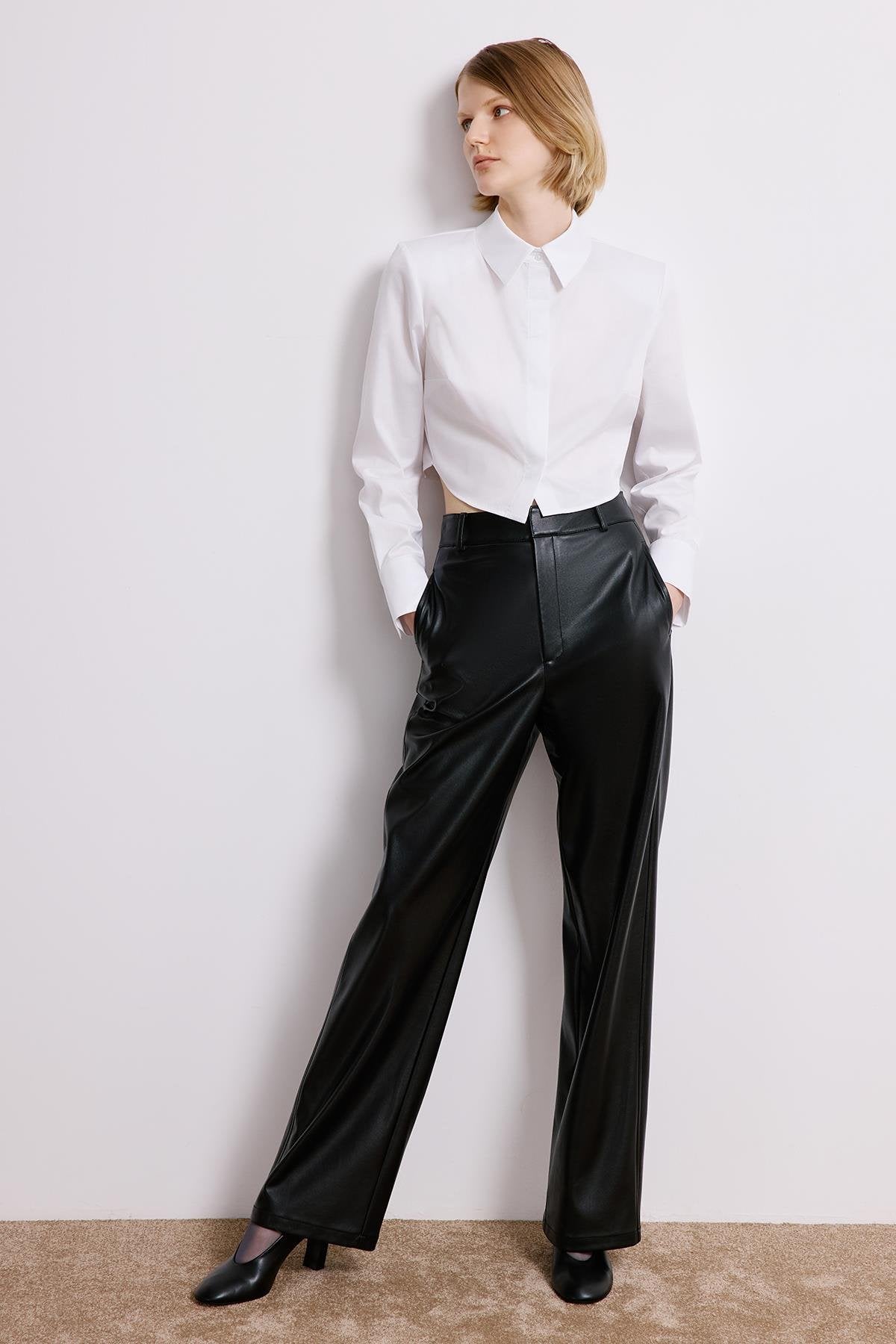 Wide Leg Leather Trousers