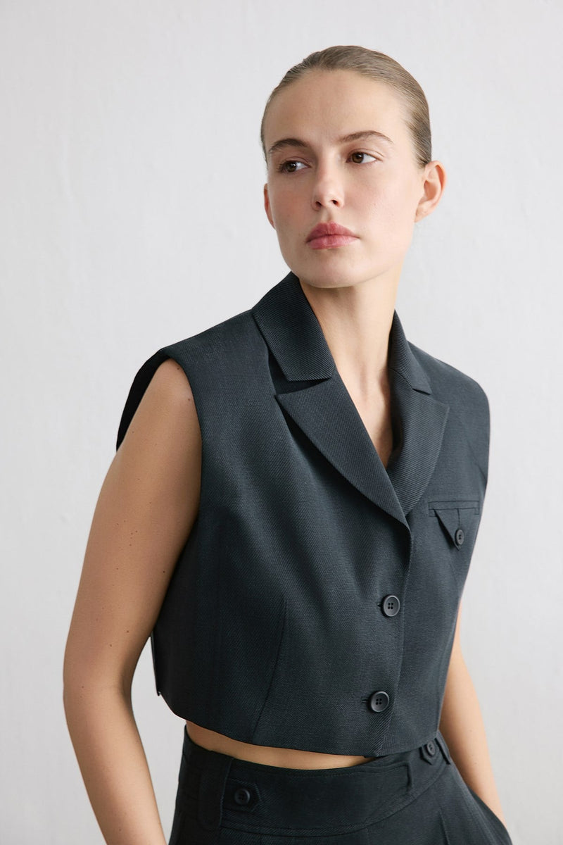 Blazer Collar Padded Crop  Vest