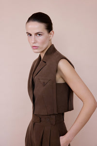 Brown Blazer Collar Padded Crop  Vest