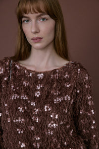 Brown Boat Neck Sequin Embellished  Blouse