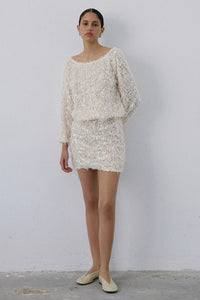 Ecru Boat Neck Sequin Embellished  Blouse