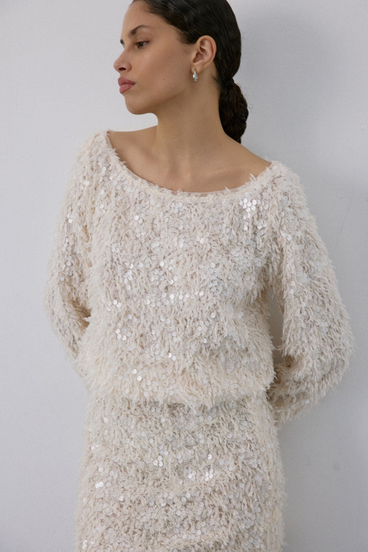 Boat Neck Sequin Embellished  Blouse