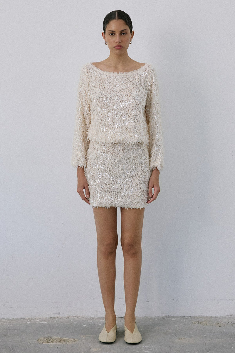 Boat Neck Sequin Embellished  Blouse