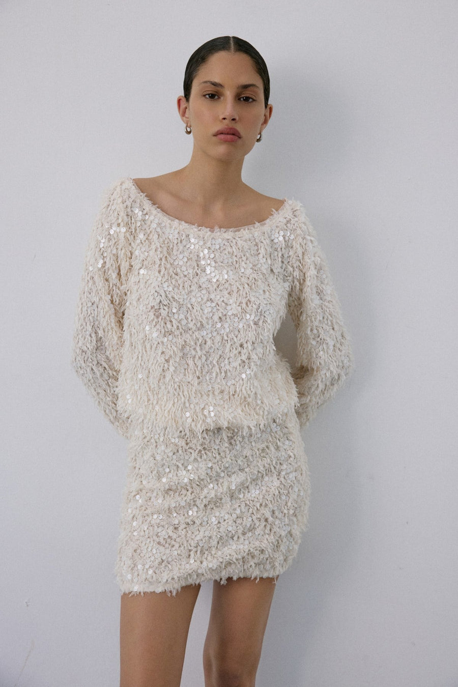 Boat Neck Sequin Embellished  Blouse