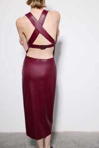 Clared Red Plum Leather Midi Dress With Open Back