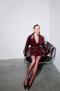 Clared Red Burgundy Wrap Collar Jacket With Tie Waist