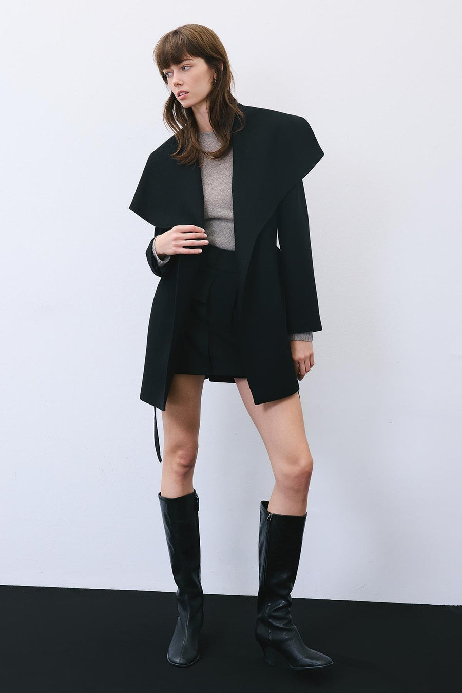 Cashmere Coat with Wide Collar and Belt