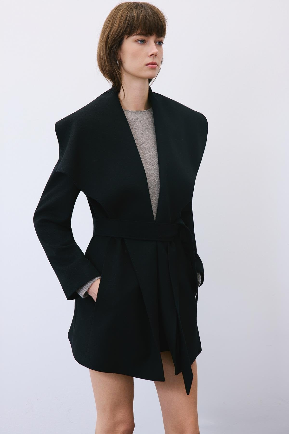Cashmere Coat with Wide Collar and Belt