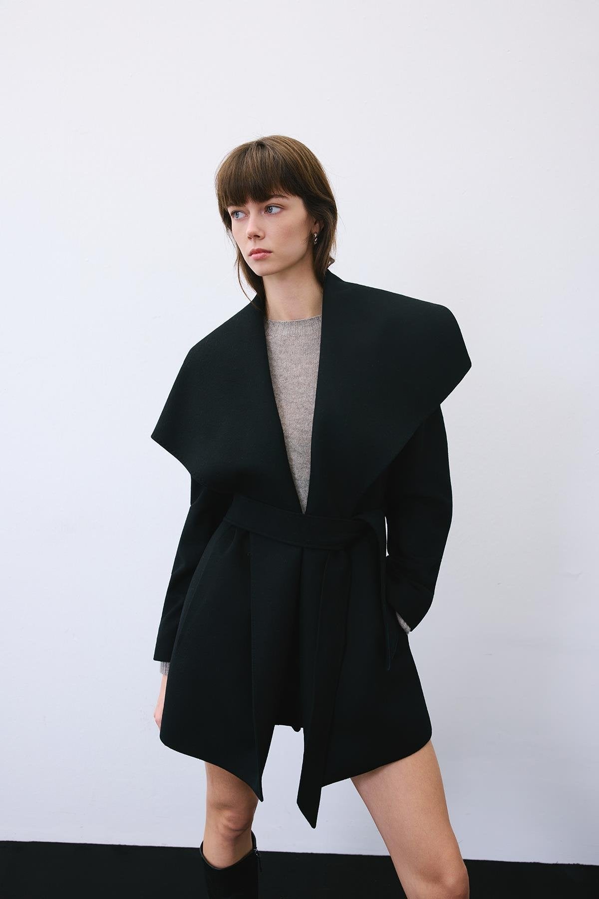 Cashmere Coat with Wide Collar and Belt