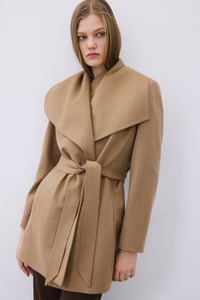 Camel Cashmere Coat With Wide Collar And Belt